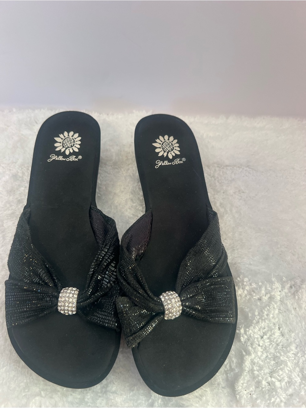 Yellow Box Black Rhinestone Bow Slide Mules